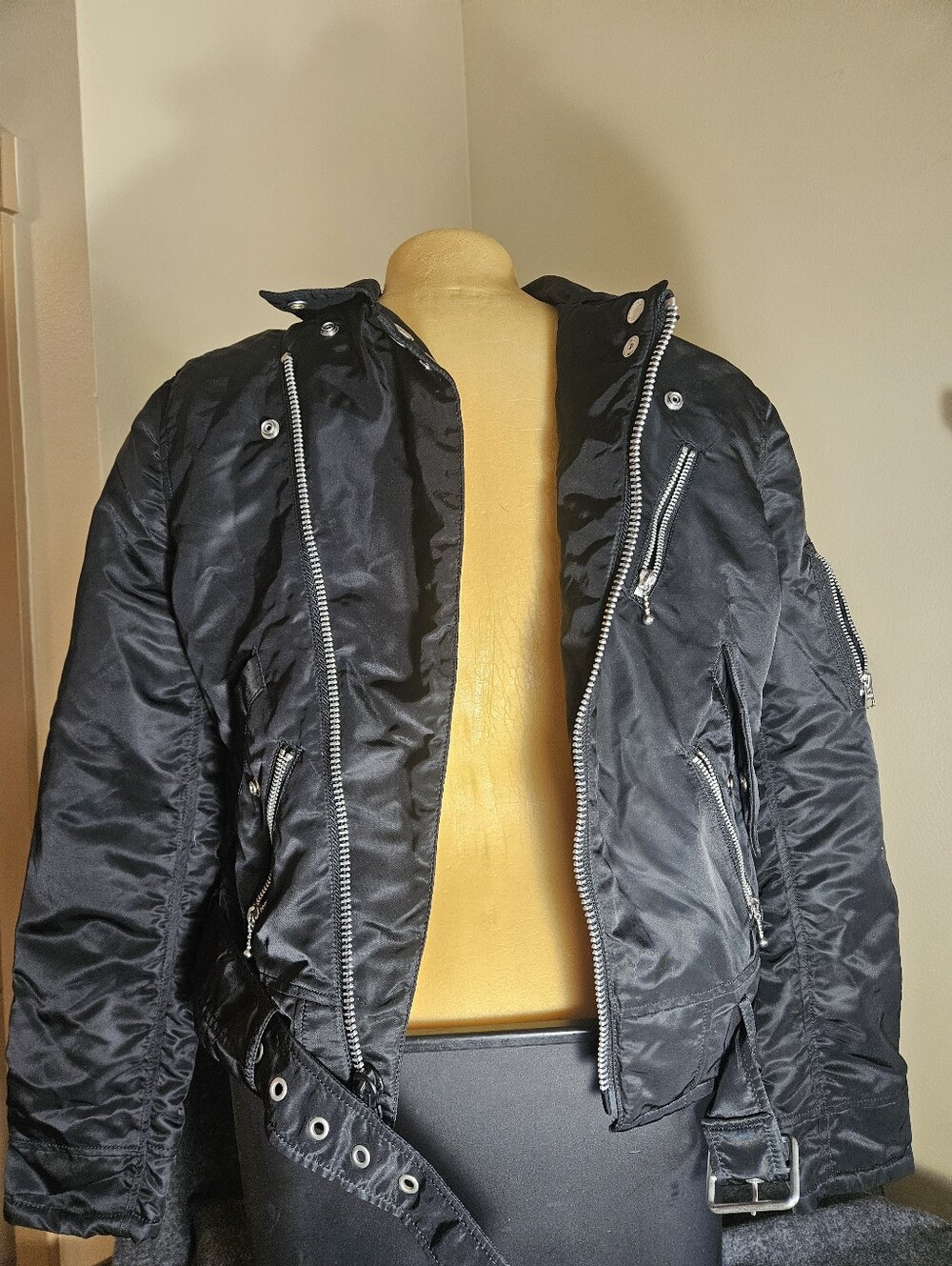 Alpha Industries- Black Bomber Jacket with Zipper Details. Women size small
